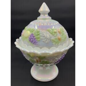 Westmoreland Iridescent Milk Glass Della Robbia Lidded Pedestal Candy Dish